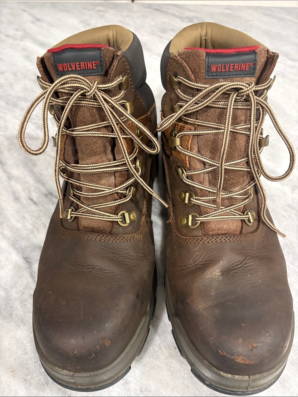 Wolverine Brown Leather Lace-Up Work Boots with Red Logo Accents